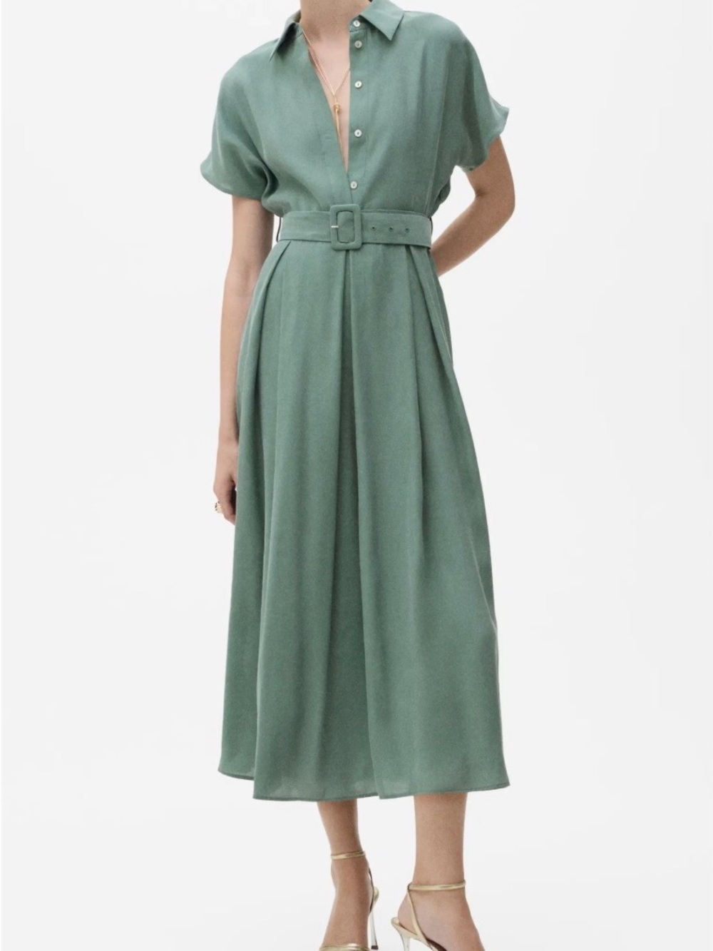 RARE Mango Sage Green Shirt Macarela Belted Shirt Dress knee length size XS 2